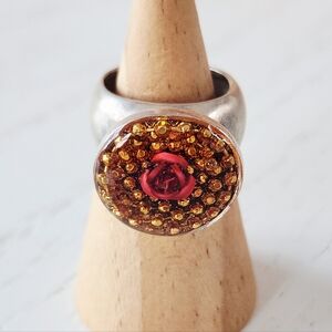 Vintage Sterling Silver Ring Resin Red Rose Accent